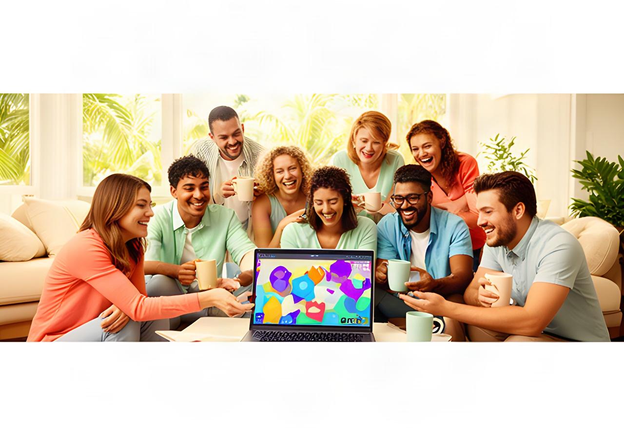 Friends gathered around a laptop at a bright Florida home, choosing a multiplayer game together