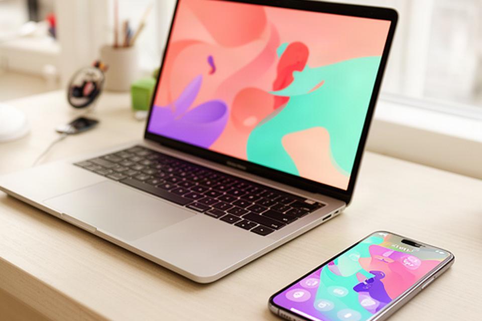 A colorful multiplayer strategy game on a laptop beside a phone at a bright home desk